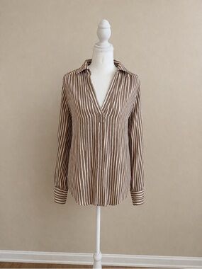 Ann Taylor Taupe and White Vertical Stripe Long-Sleeve Blouse
